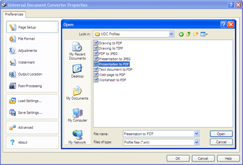 Use the Open dialog to select "Presentation to PDF.xml" and click Open
