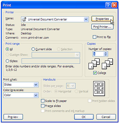 Select "Universal Document Converter" from the printers list and press "Properties" button.